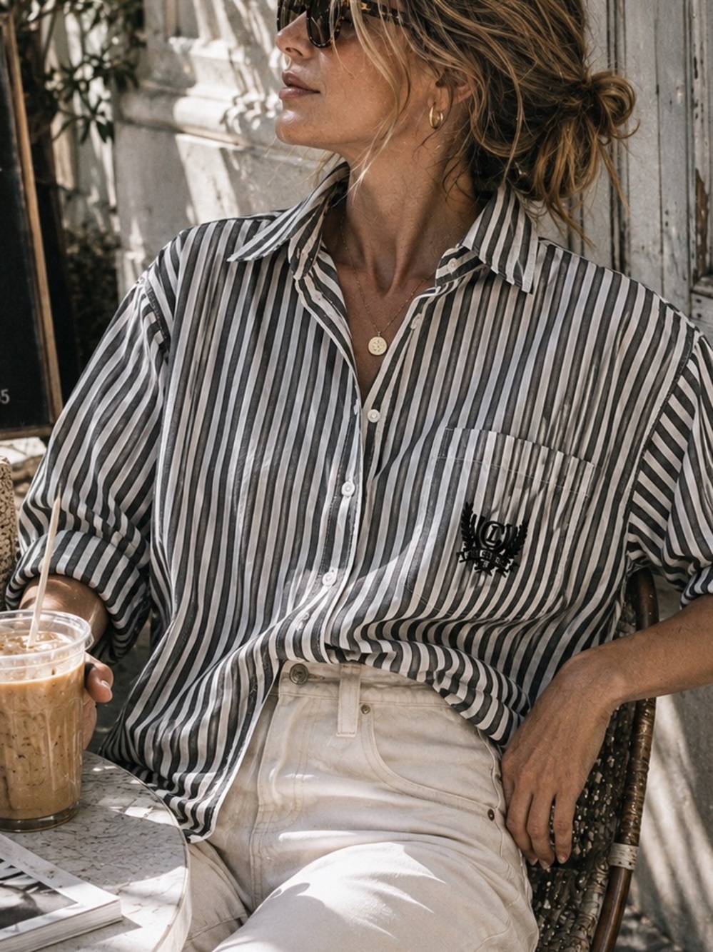 Vintage Liz Wear Charcoal and White Striped 100% Cotton Button Down • 90s
